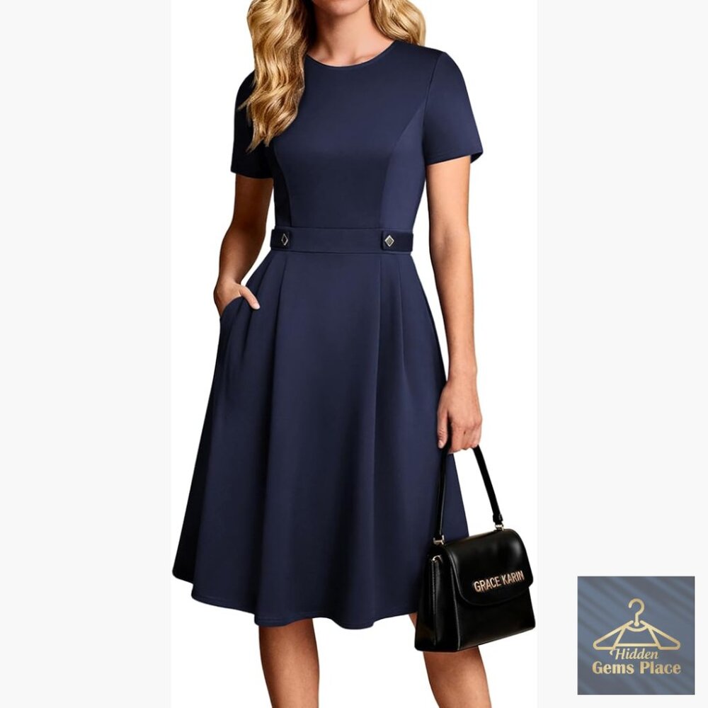 Short Sleeve A-Line Work Dress With Pockets, Flared Skirt, Wrinkle-Resistant